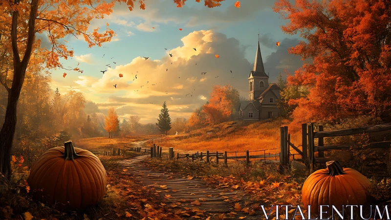 Autumnal rural path with pumpkins and distant chapel rendered.