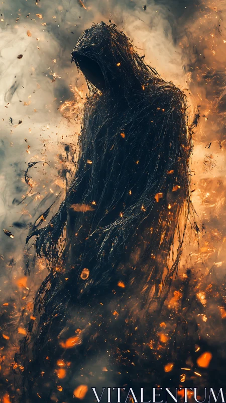 Hooded ember wraith rises from swirling smoke and ash