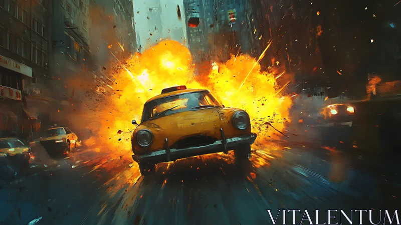 Yellow taxi erupts from cinematic downtown explosion scene.