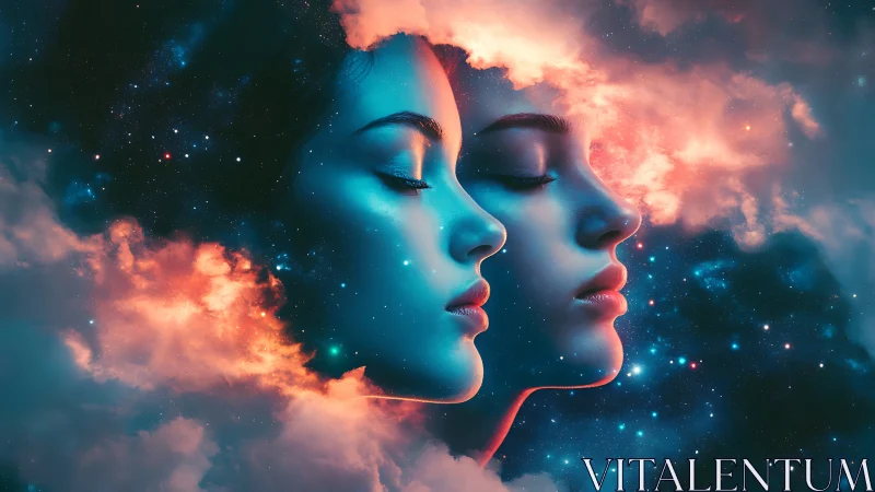 Dual astral portraits embedded in chromatic nebular cloudfields.