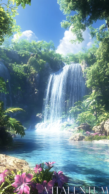 High dynamic range tropical waterfall pool with floral foreground