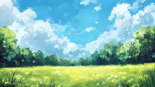 Tree-lined meadow under broad sky with cumulus clouds.