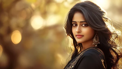 Sunlit portrait of woman in black saree with bokeh glow.