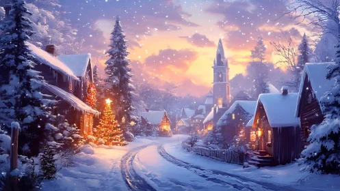 Snow-covered village street curves toward illuminated church tower