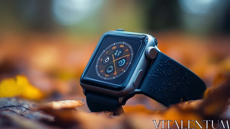 Smartwatch with black strap on wet autumn leaves outdoors.