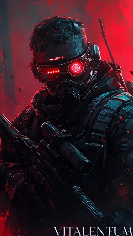 Cybernetic night-ops sniper with thermal visor and carbine rifle.