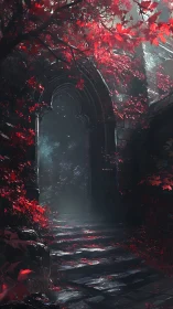 Stone arch passage with red foliage and shaded stairway.