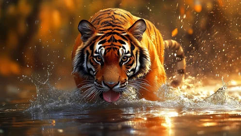 Tiger strides through shallow water with intense forward gaze