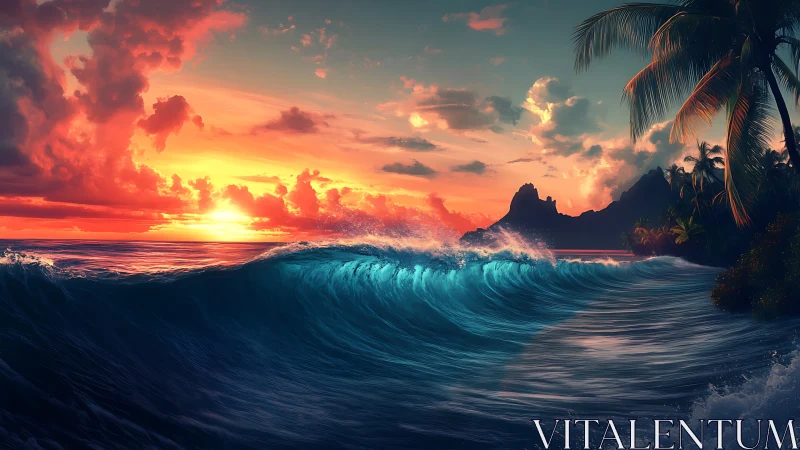 Vivid tropical sunset over crashing turquoise ocean waves.