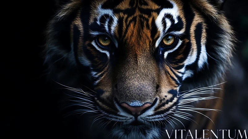 Gaze into the quiet strength of a tiger in deep shadow