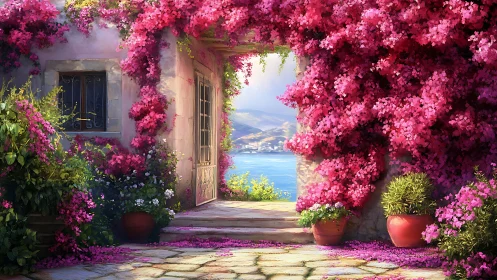 Mediterranean terrace framed by vivid bougainvillea blossoms.