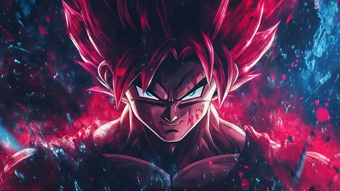 Intense anime warrior portrait with neon red-blue energy field