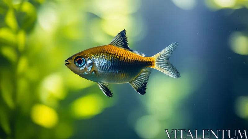 Golden tetra glides through softly lit planted aquarium