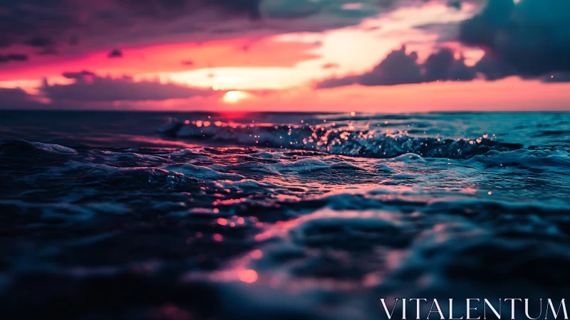 Photorealistic low-angle seascape at neon sunset horizon.