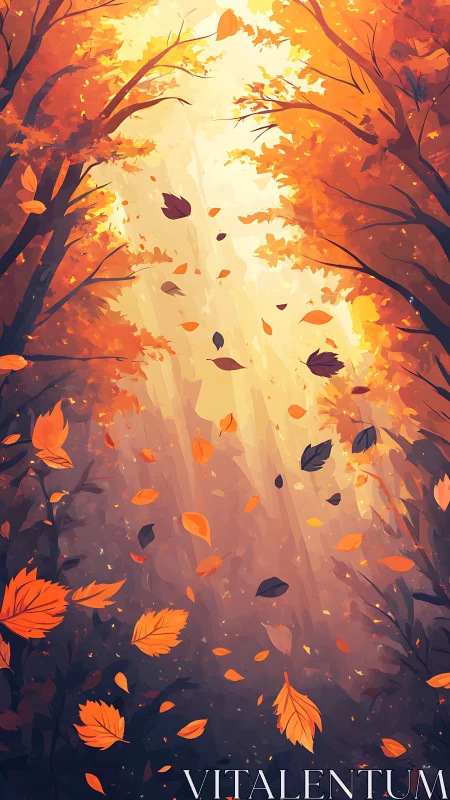 Golden autumn leaves drift through a sunlit forest veil