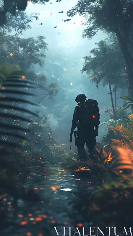 Tactical soldier silhouetted in misty bioluminescent jungle stream.