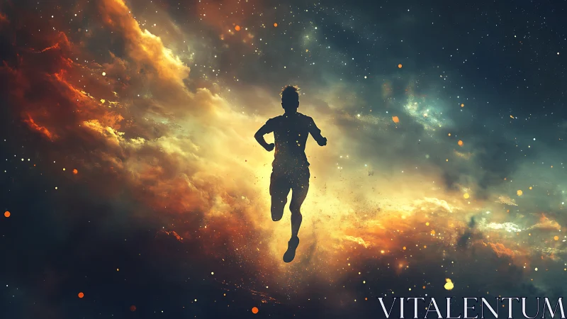 Starlit runner moves forward through glowing cosmic clouds