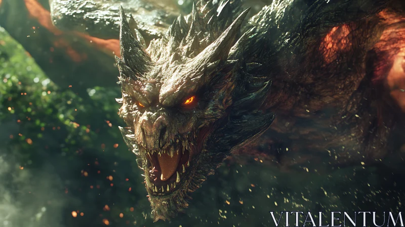 Ferocious dragon head with glowing eyes in forest scene.