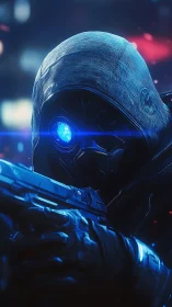 Hooded cybernetic sniper locks target in neon haze.