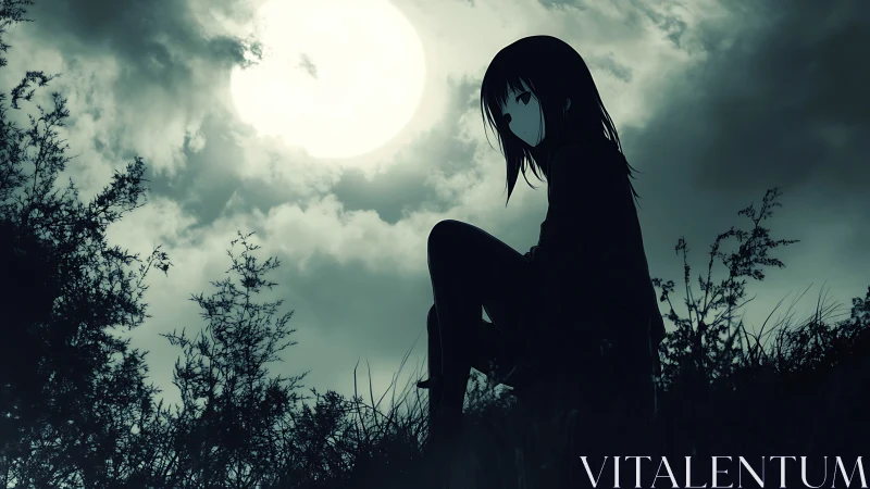 Moonlit loner girl perched in midnight grassland hush.