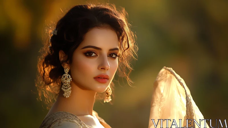 Portrait of a woman in traditional attire at golden hour.