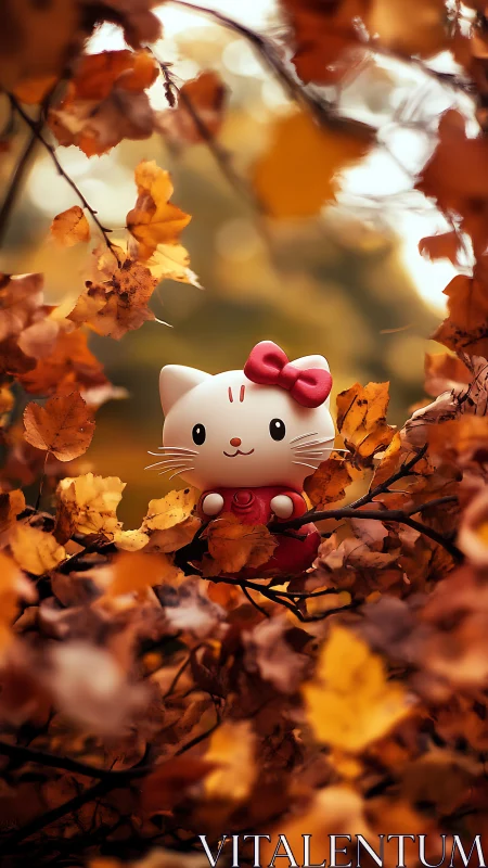 Kawaii cat figurine framed by golden autumn foliage bokeh.