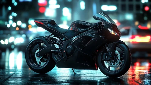 Midnight superbike gleams like liquid obsidian in neon rain.