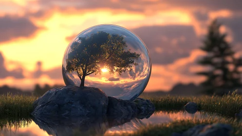 Sunlit tree encapsulated in glass sphere by tranquil water.