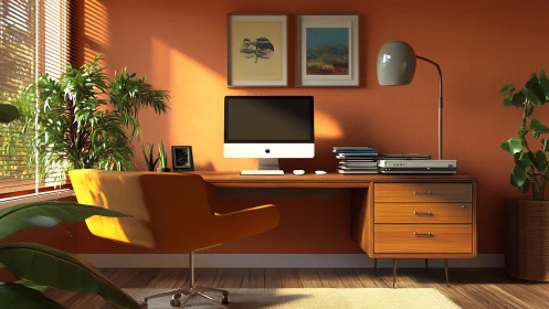 Home office desk with computer, plants and warm orange wall