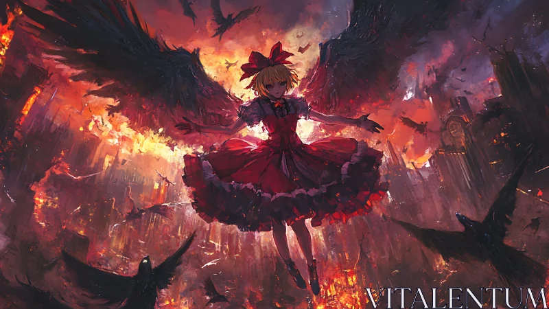 Winged crimson girl over incendiary apocalyptic skyline.