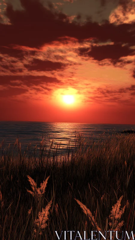 Sunset over calm sea with coastal grasses in silhouette.