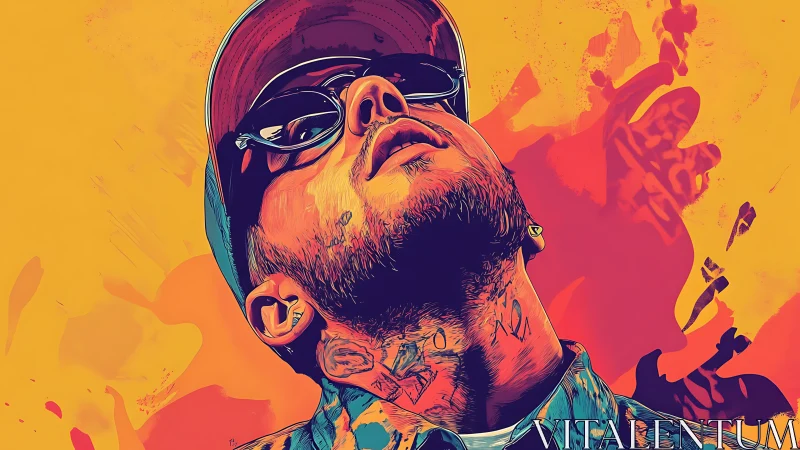 Digital portrait of man in sunglasses on vivid backdrop.