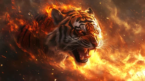 Roaring tiger head materializes from dynamic swirling fire plume