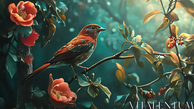 Vibrant Songbird on Flowering Branch in Dreamy Digital Art.