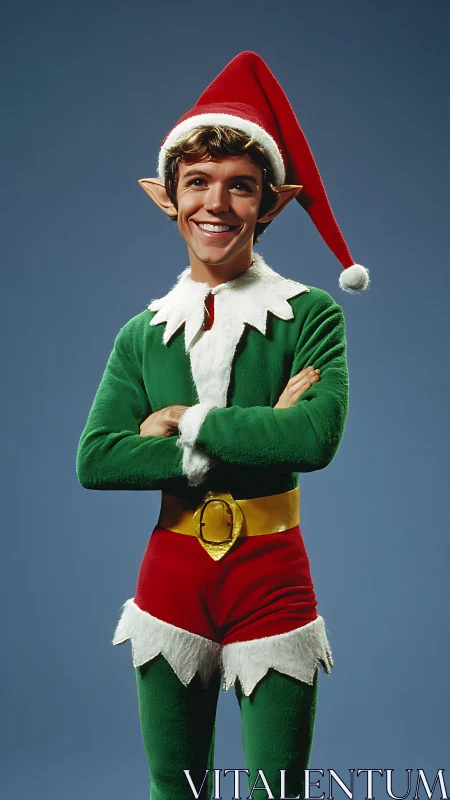 Mischief-ready Christmas elf beams in bright holiday colors.