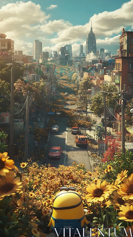 Digital painting of floral urban avenue with character vantage.