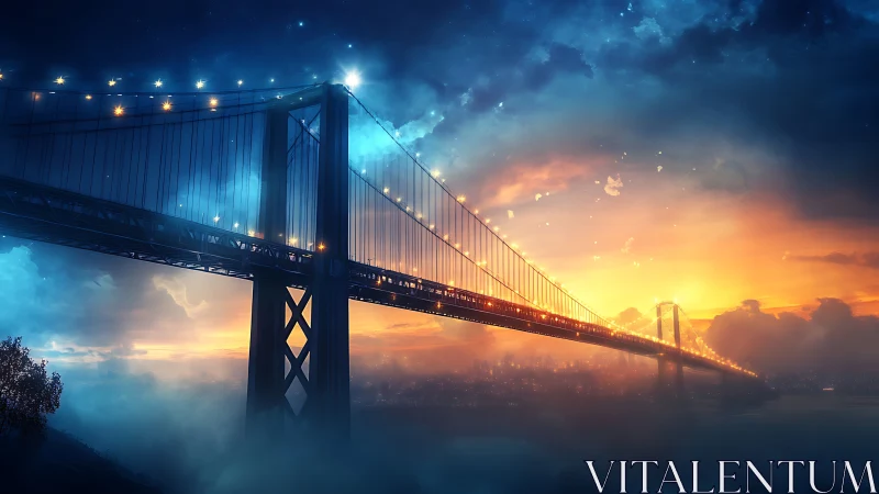 Suspension bridge glowing above mist at cosmic sunset.