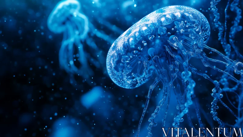 Glowing blue jellyfish drifting gently through quiet seas.