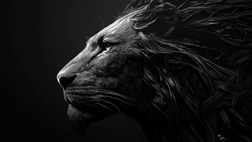 Monochrome side profile illustration of lion head in detail.