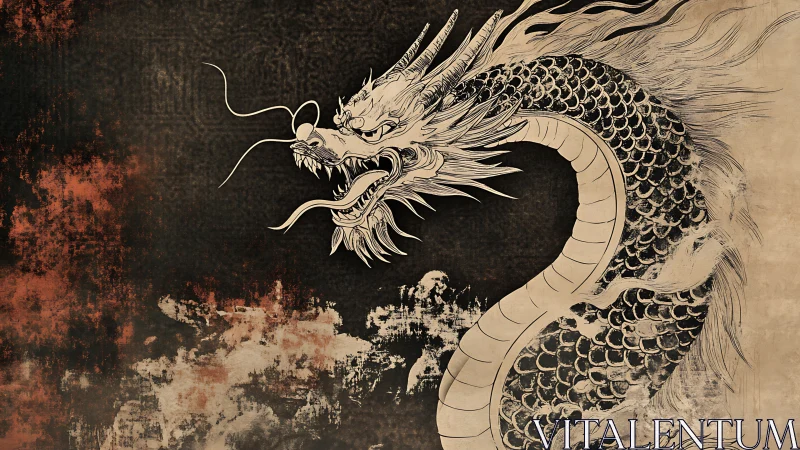 Ink dragon coils over distressed parchment field.