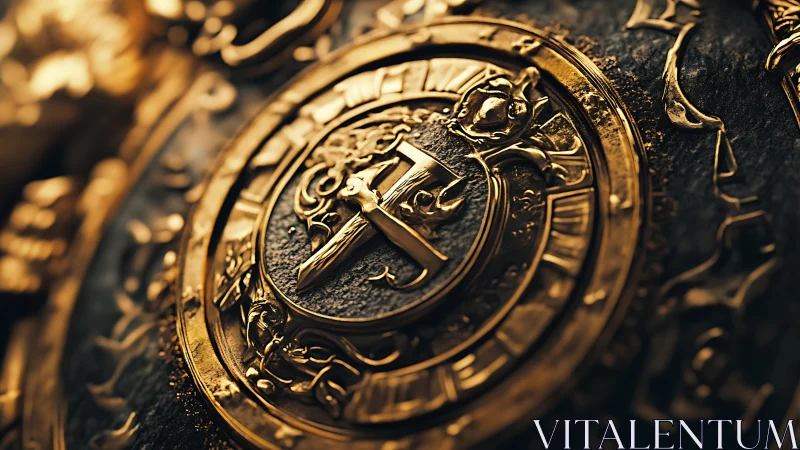 Gilded sigil of sword and serpent on ancient black stone.