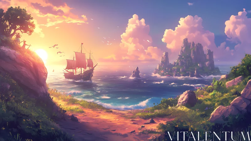 Fantasy Seascape with Red Sailing Ship and Mystical Island.