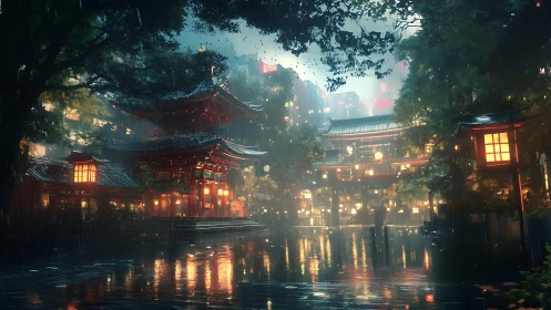 Rain-soaked neon temple district reflected in misty canal.