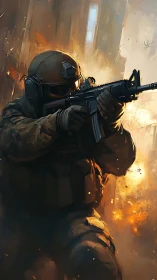 Urban inferno crowns a lone soldier in cinematic firelight