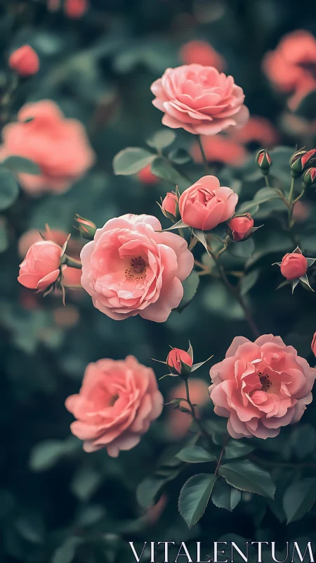 Soft Pink Garden Roses with Morning Light and Verdant Foliage.