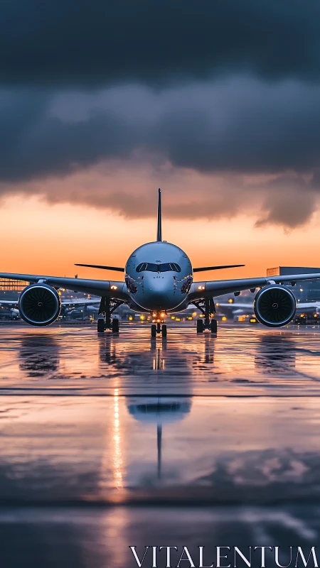 Runway mirror turns twilight jet into glowing twin