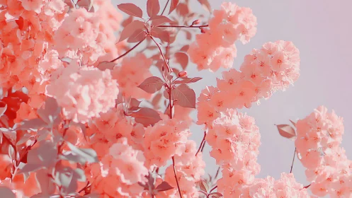 Coral Pink Crepe Myrtles: Dense Floral Clusters Against Soft Sky Backdrop
