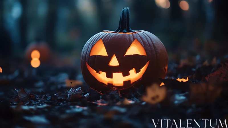 Glowing jack-o’-lantern smiles in a misty autumn forest night.