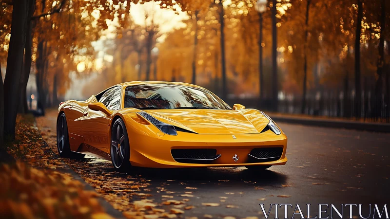 Golden supercar glows like bottled sunset on autumn avenue