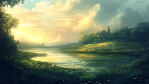 Sunlit river valley with distant hilltop church under volumetric clouds